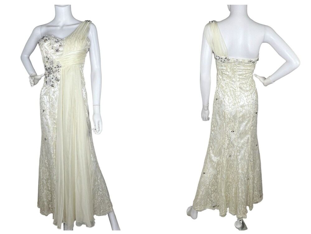 Beaded Gown Maxi Dress One Shoulder Lace Fairy Angel Goddess Prom Ivory Size 6